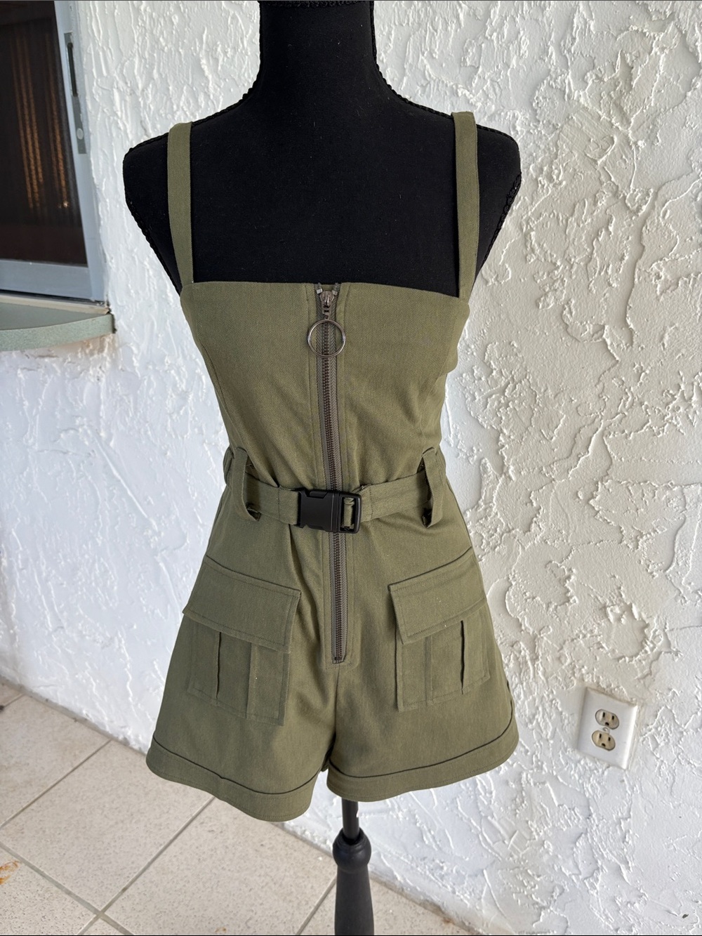 The Vintage Shop Olive Green Utility Romper with Belt